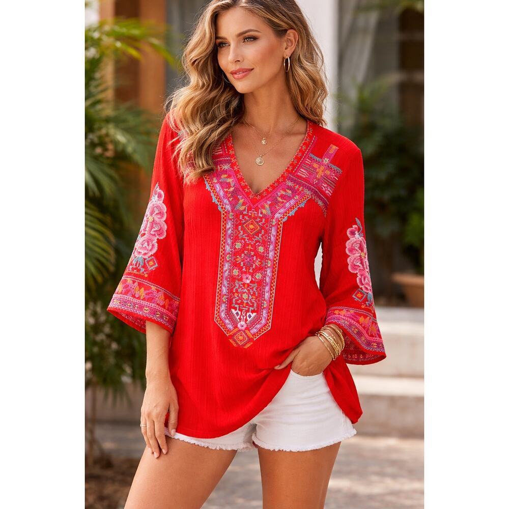Calessa Embroidered Floral 3/4 Sleeve V-Neck Tunic Blouse Red Women's Size PXL